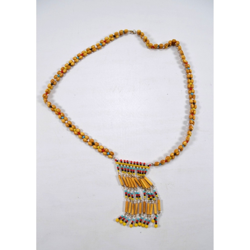 Vtg Handmade Bamboo? Native American Seed Bead Fringe Necklace 30.5"